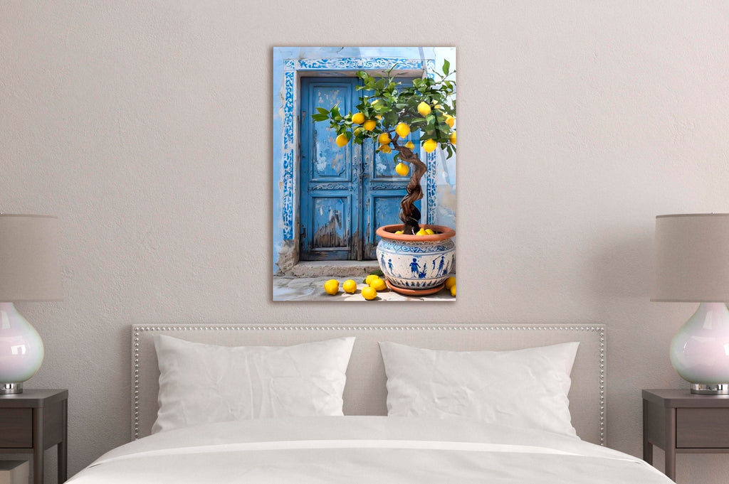 Blue Door and Lemon Tree Glass Wall Art in a modern interior