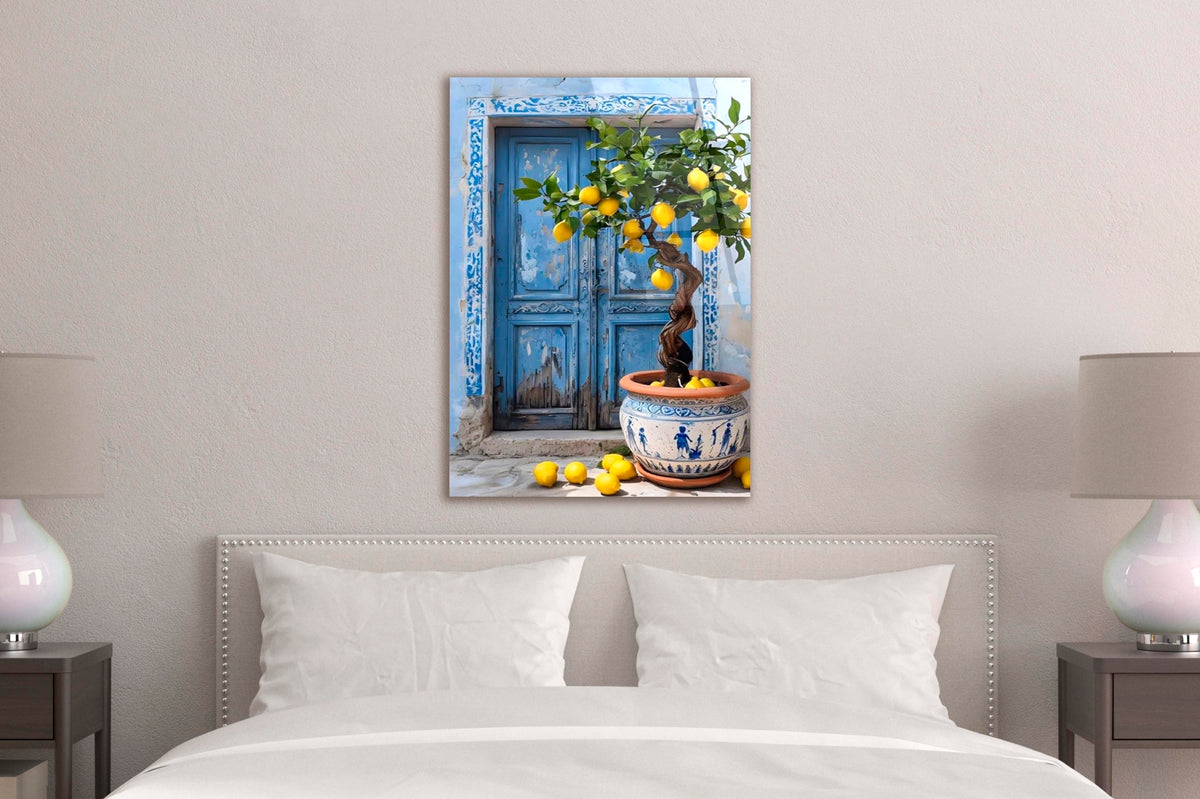 Blue Door and Lemon Tree Glass Wall Art in a modern interior