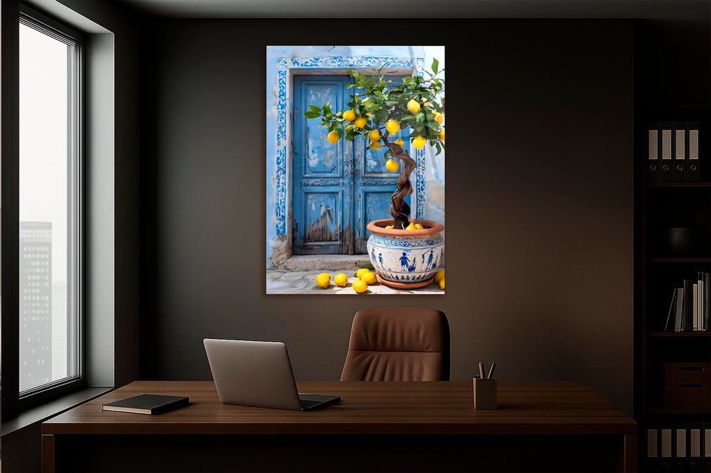 Blue Door and Lemon Tree Glass Wall Art on the wall
