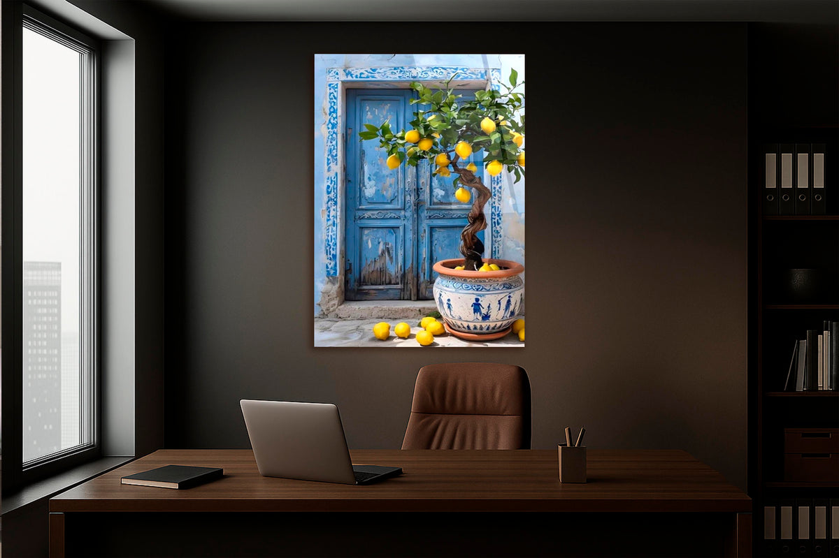 Blue Door and Lemon Tree Glass Wall Art on the wall
