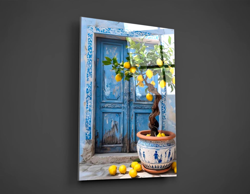 Blue Door and Lemon Tree Glass Wall Art close-up