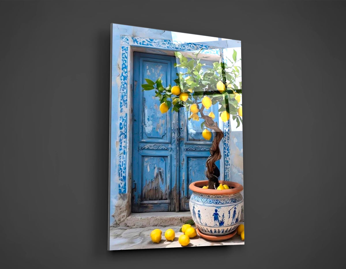 Blue Door and Lemon Tree Glass Wall Art close-up