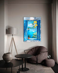 Mediterranean Blue Shutter Window Glass Wall Art in a living room interior
