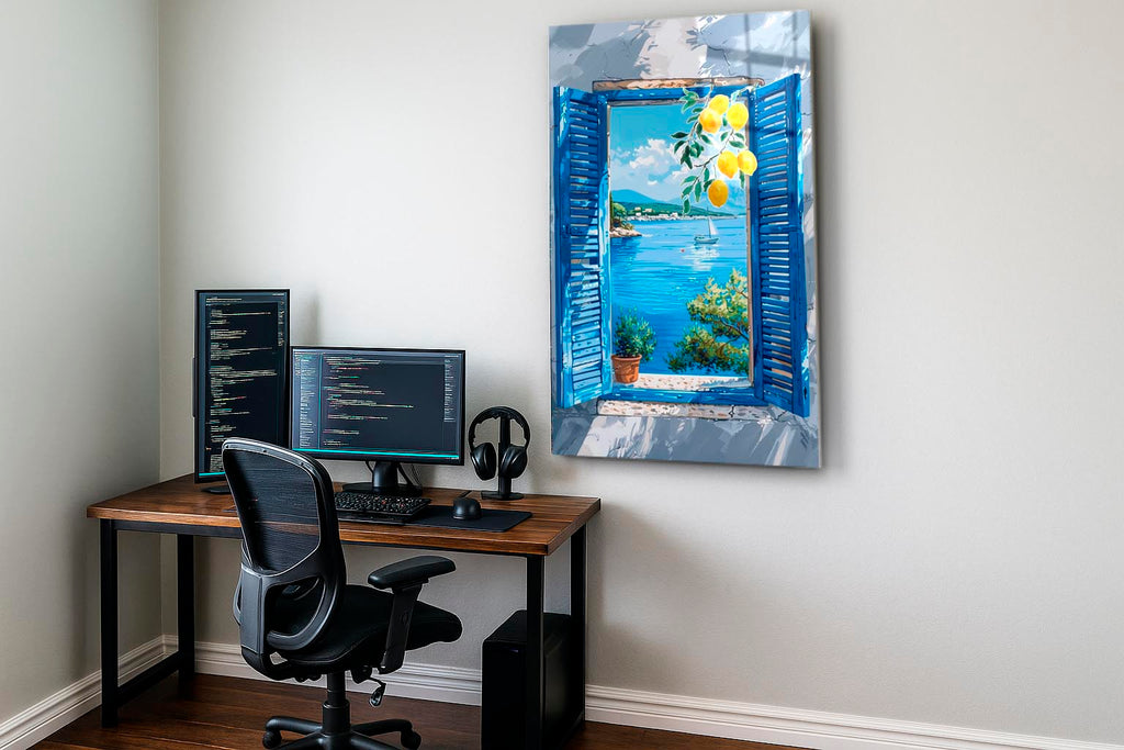 Mediterranean Blue Shutter Window Glass Wall Art in a modern interior