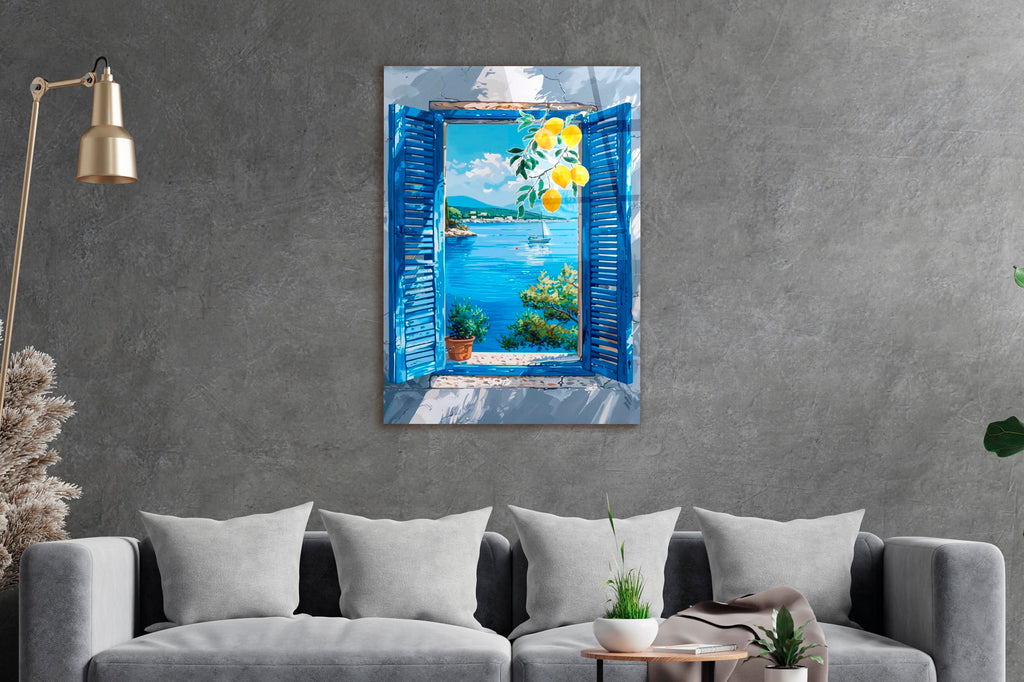 Mediterranean Blue Shutter Window Glass Wall Art on the wall