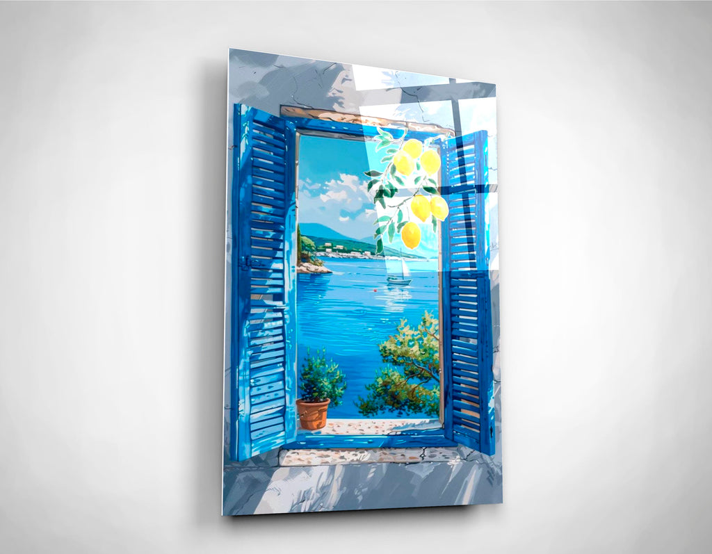 Mediterranean Blue Shutter Window Glass Wall Art close-up