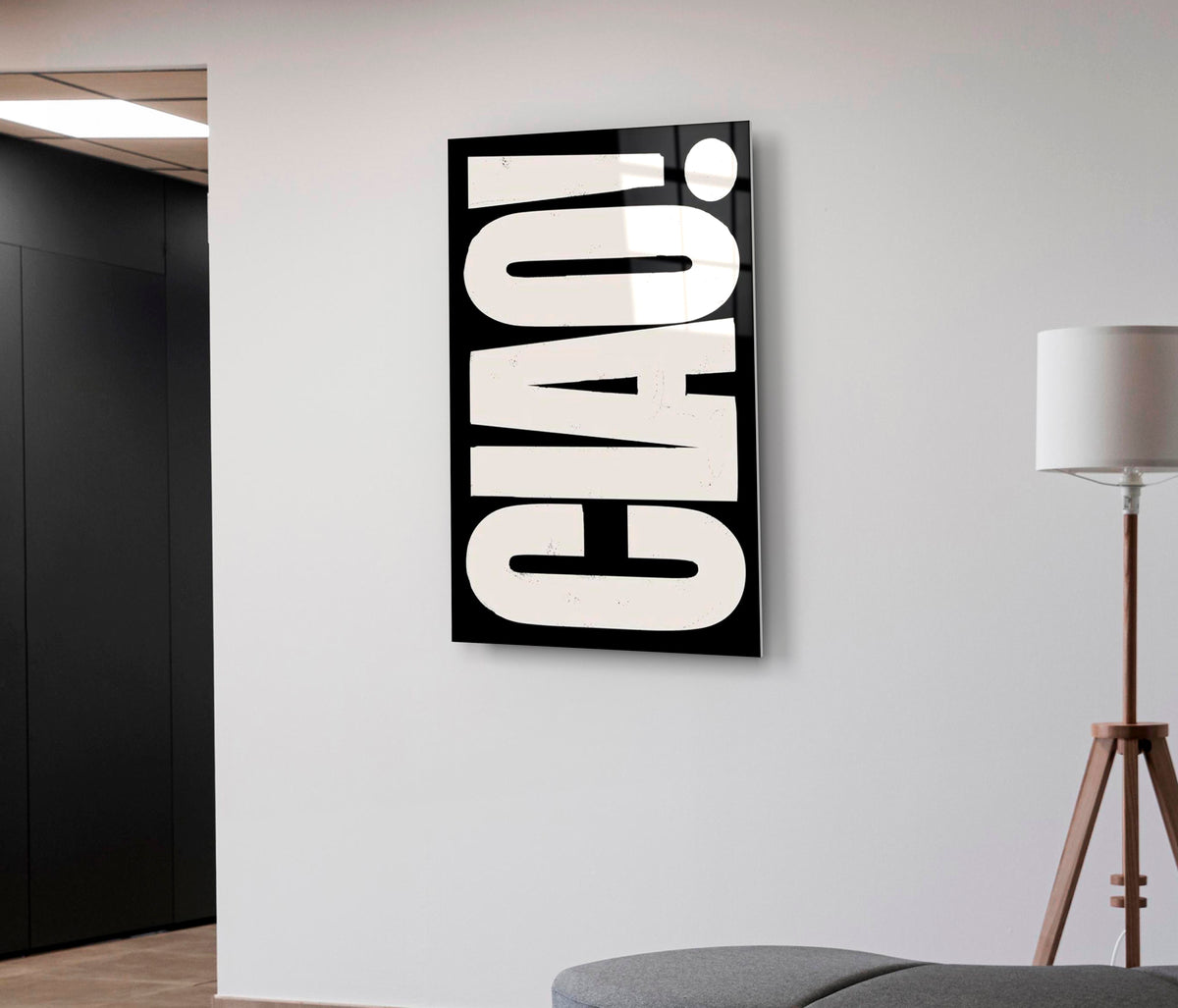 Ciao Bold Typography Glass Wall Art in a living room interior