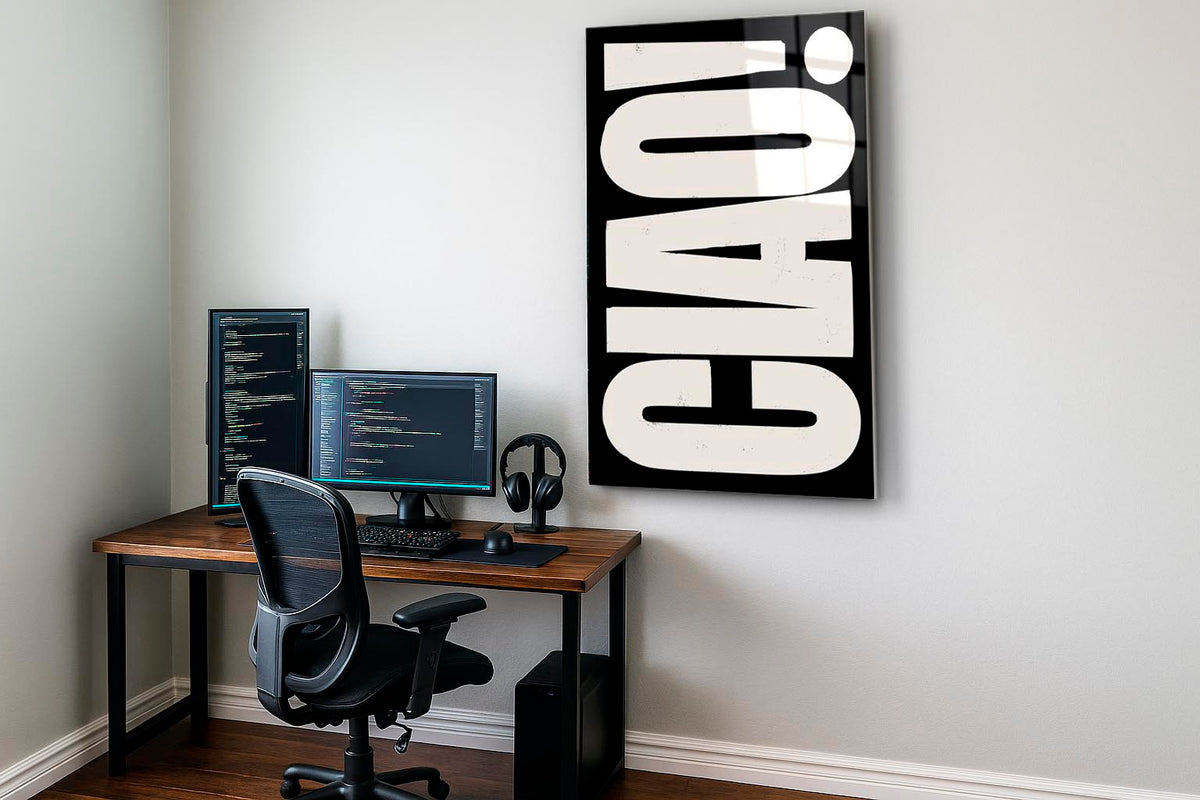 Ciao Bold Typography Glass Wall Art on the wall