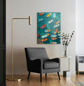 Colorful Boats from Above Glass Wall Art in a living room interior