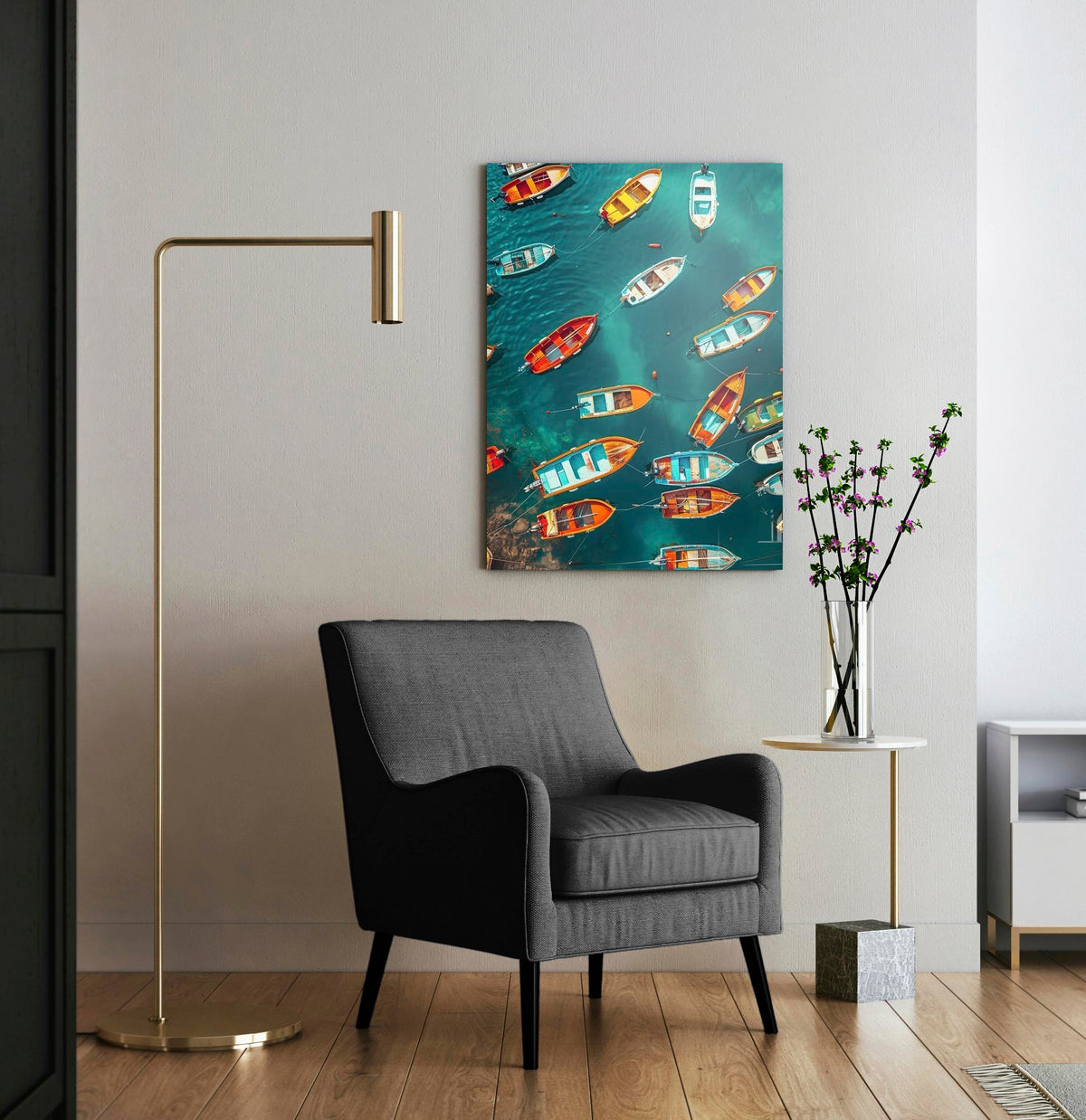 Colorful Boats from Above Glass Wall Art in a living room interior