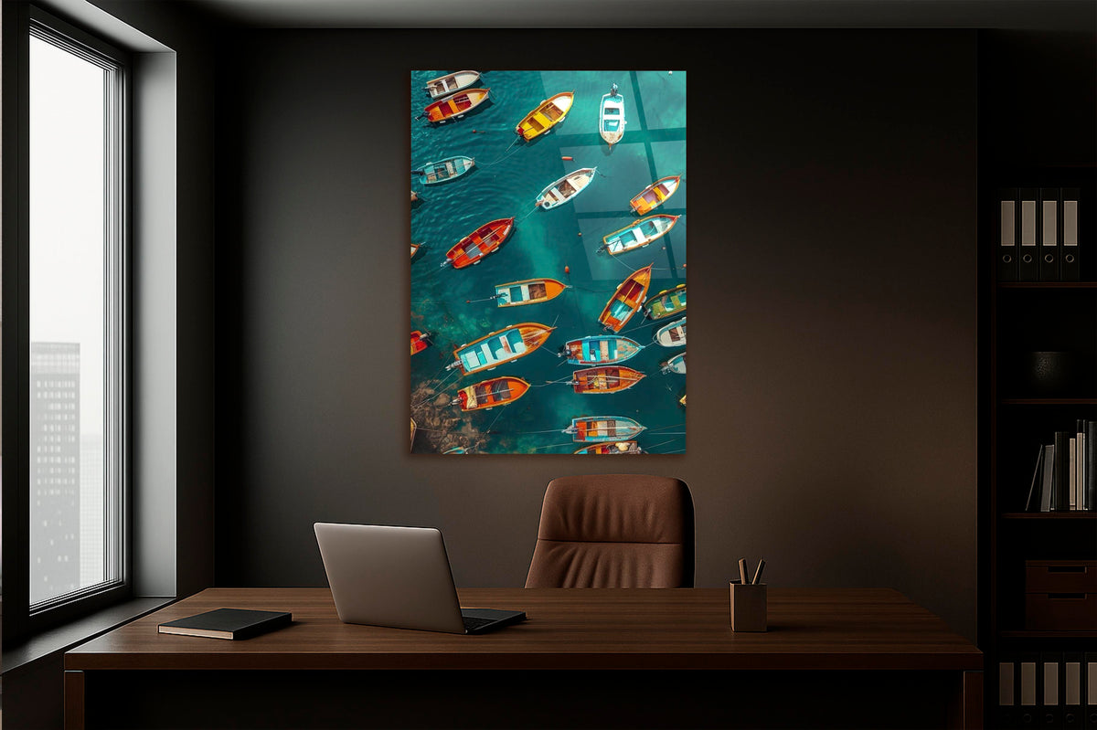 Colorful Boats from Above Glass Wall Art in a modern interior