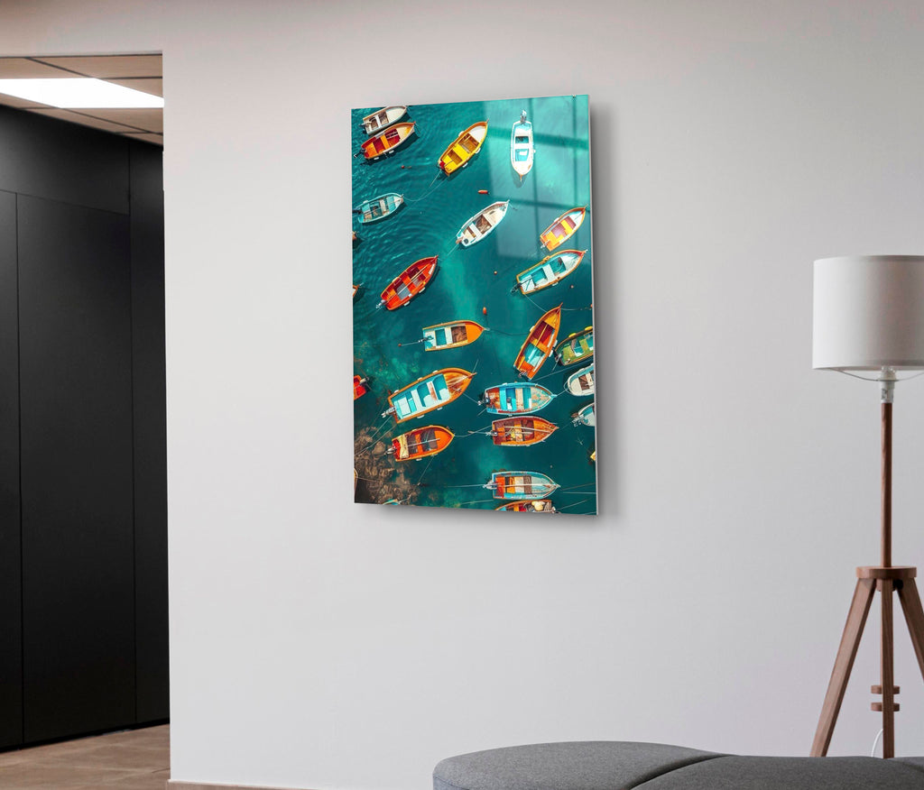 Colorful Boats from Above Glass Wall Art on the wall