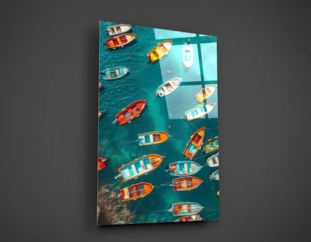 Colorful Boats from Above Glass Wall Art close-up