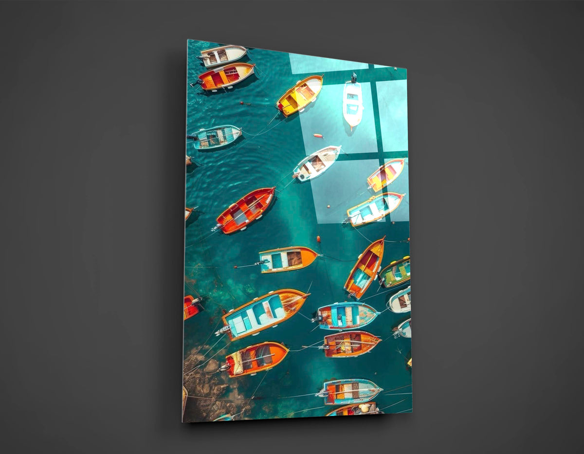 Colorful Boats from Above Glass Wall Art close-up