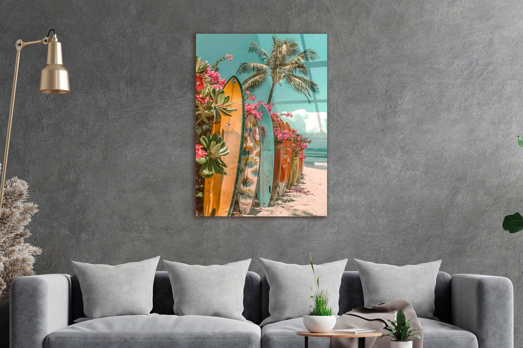 Tropical Surfboards and Bougainvillea Glass Wall Art in a living room interior
