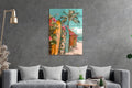 Tropical Surfboards and Bougainvillea Glass Wall Art in a living room interior