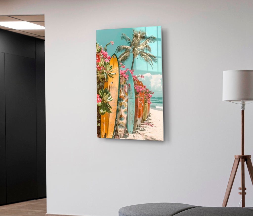 Tropical Surfboards and Bougainvillea Glass Wall Art in a modern interior