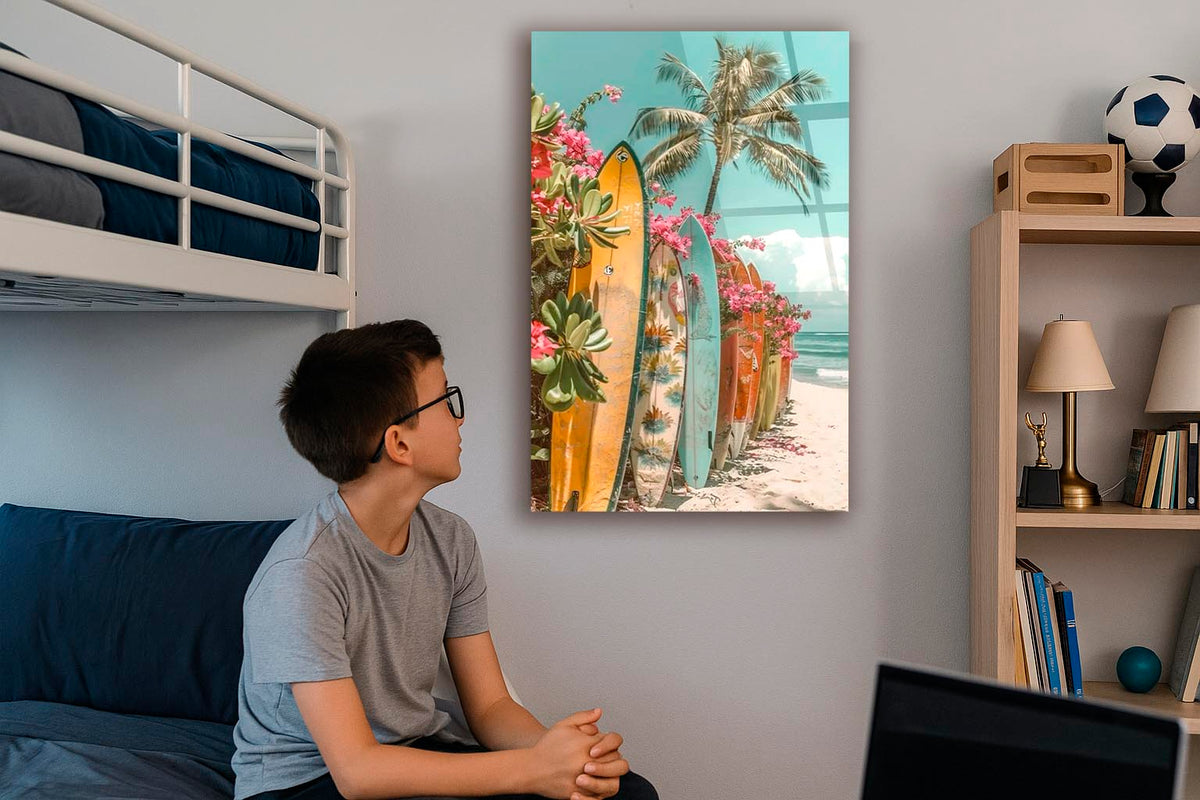 Tropical Surfboards and Bougainvillea Glass Wall Art on the wall