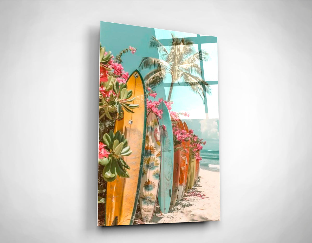 Tropical Surfboards and Bougainvillea Glass Wall Art close-up