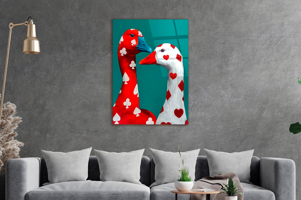 Playing Card Geese Pop Art Glass Wall Art in a living room interior