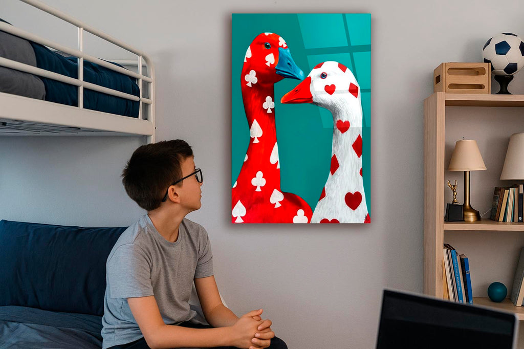 Playing Card Geese Pop Art Glass Wall Art in a modern interior