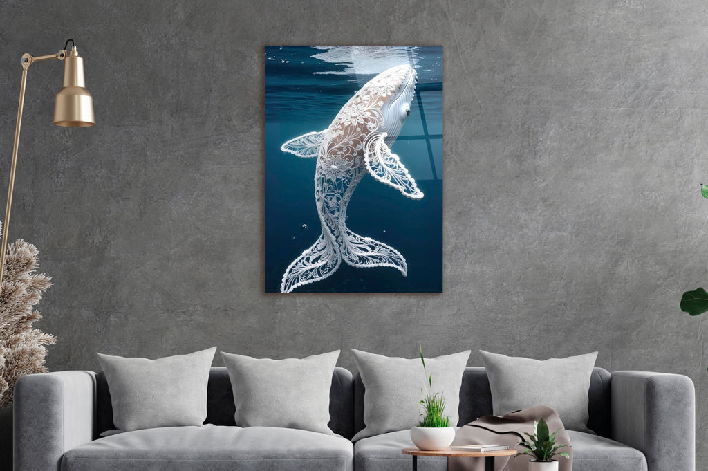 Lace Pattern Humpback Whale Glass Wall Art in a living room interior