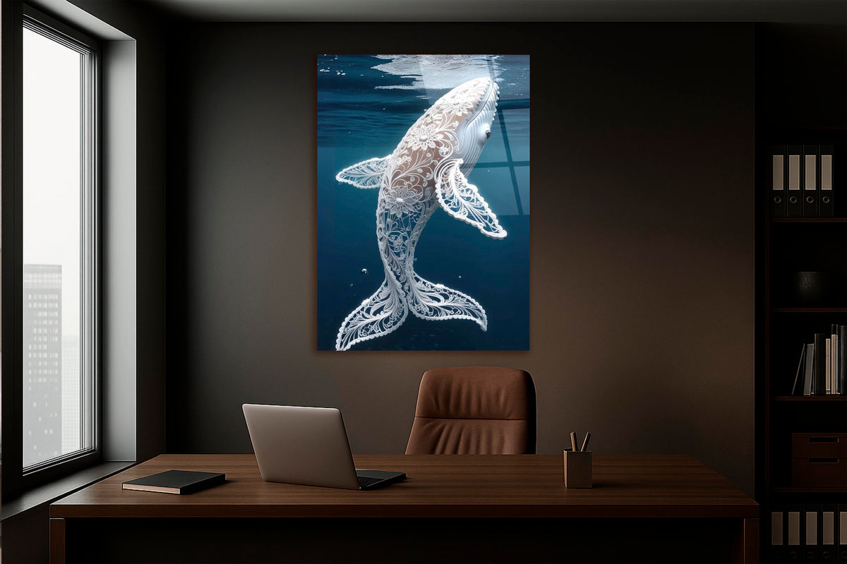 Lace Pattern Humpback Whale Glass Wall Art in a modern interior
