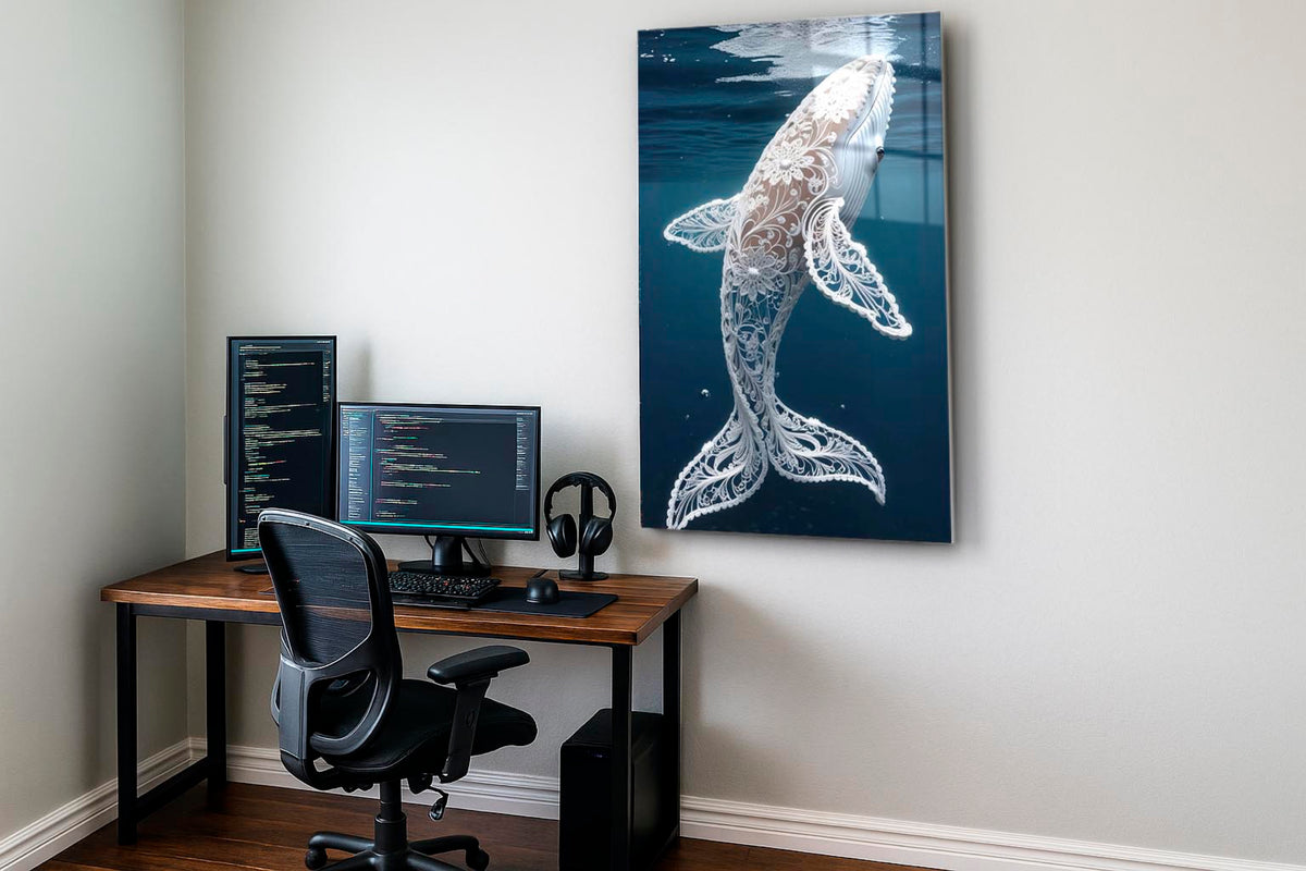 Lace Pattern Humpback Whale Glass Wall Art on the wall