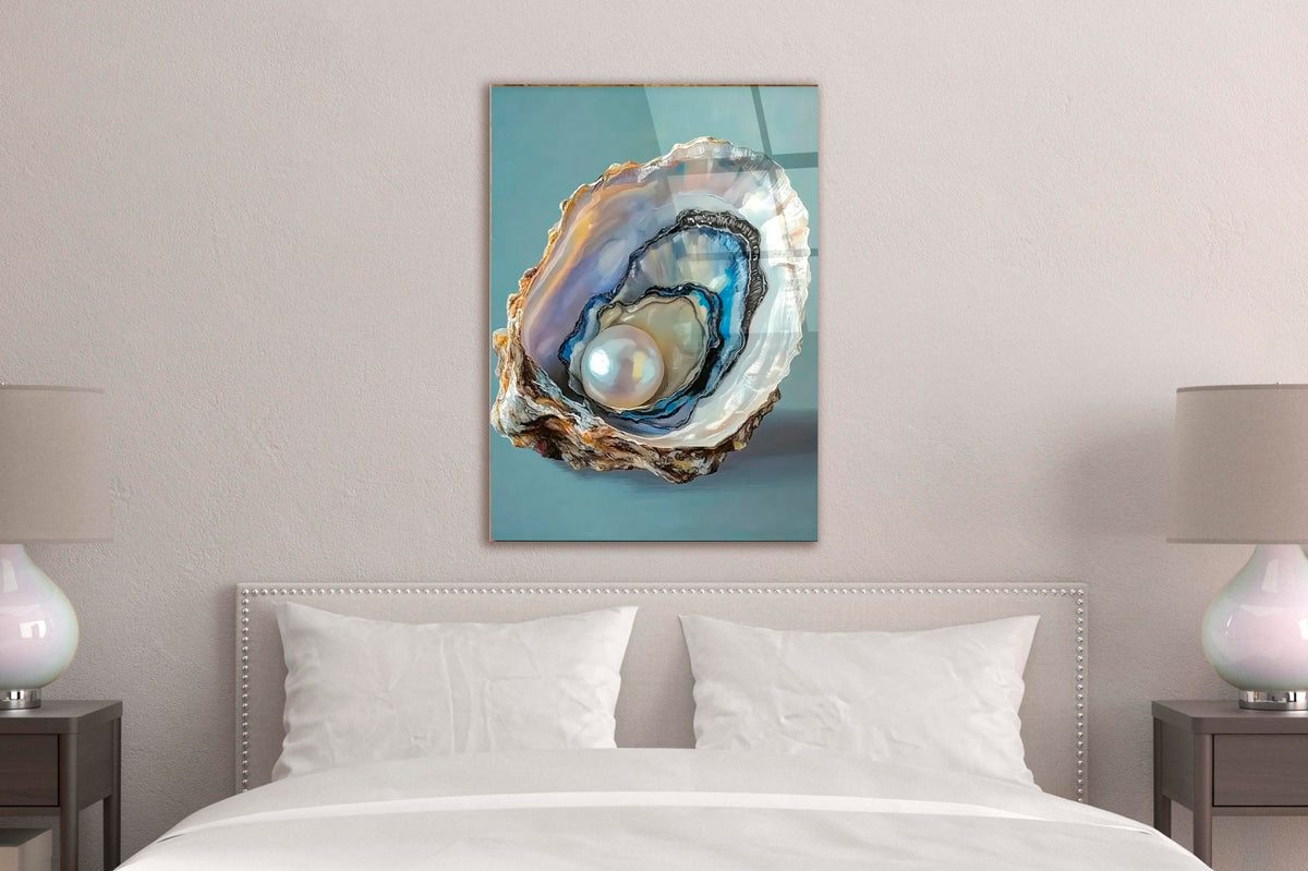 Pearl in Oyster Shell Glass Wall Art in a modern interior