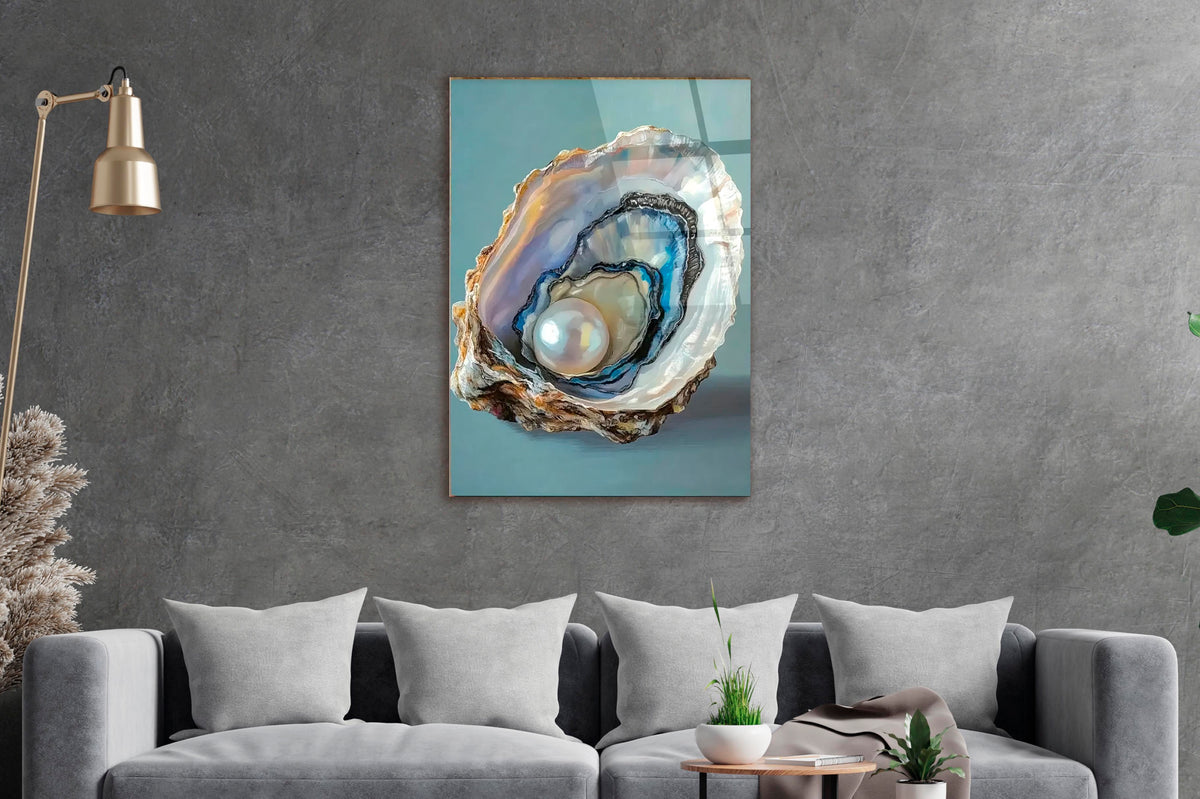 Pearl in Oyster Shell Glass Wall Art on the wall