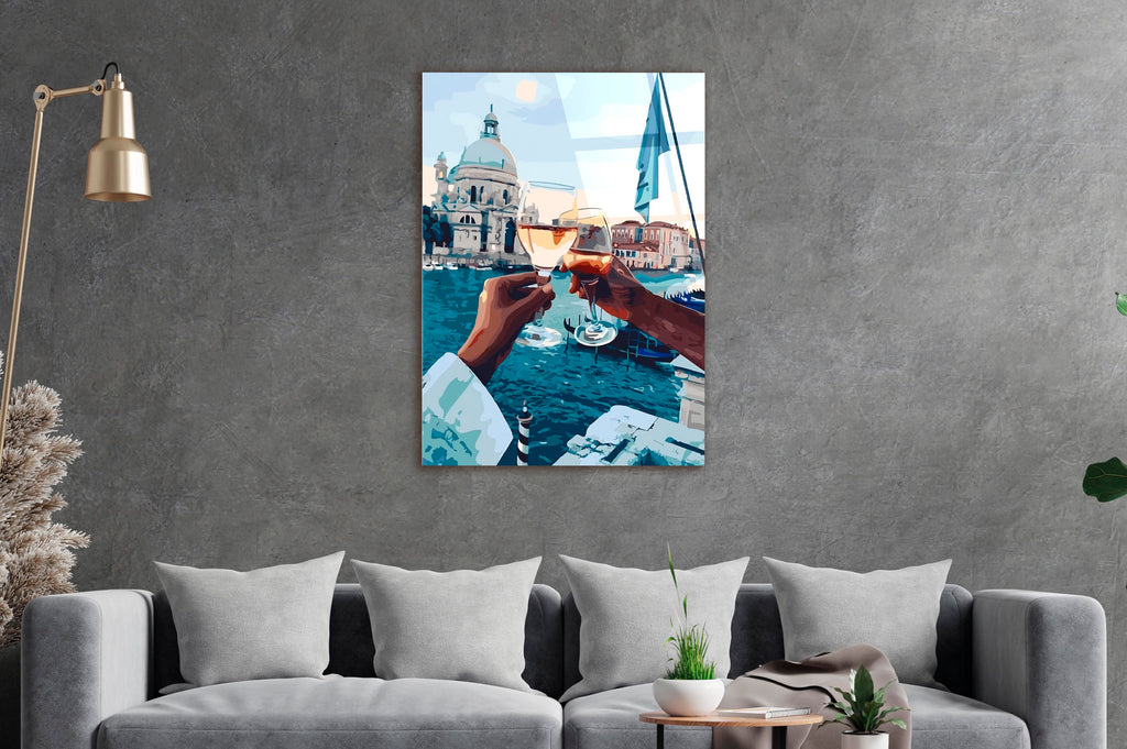 Venice Spritz Toast Glass Wall Art in a living room interior