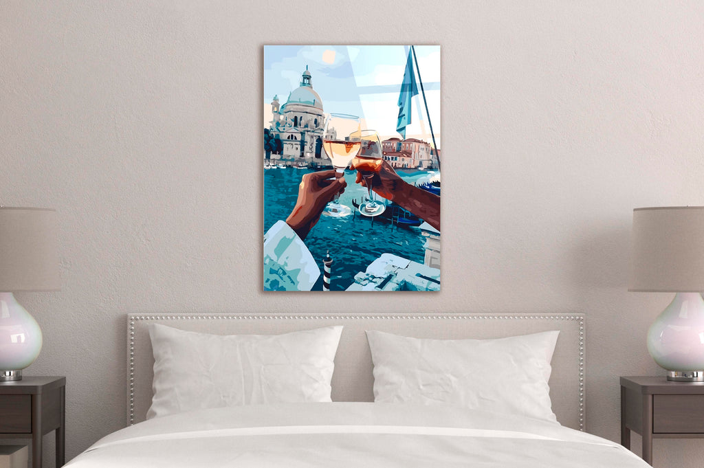 Venice Spritz Toast Glass Wall Art in a modern interior
