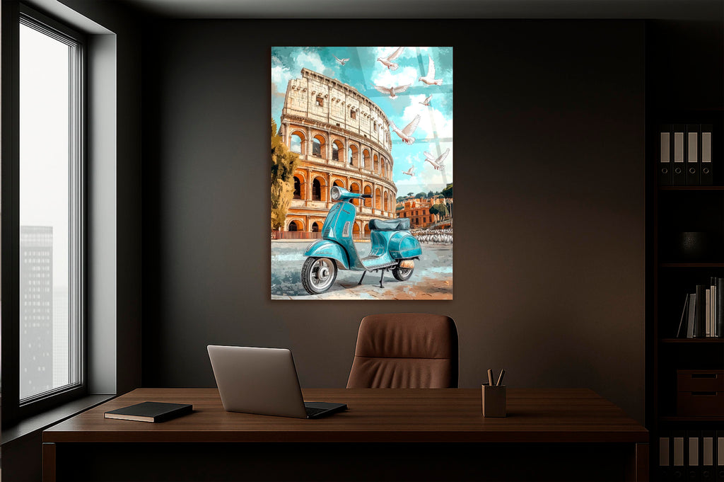 Rome Colosseum Vintage Scooter Glass Wall Art in a living room interior