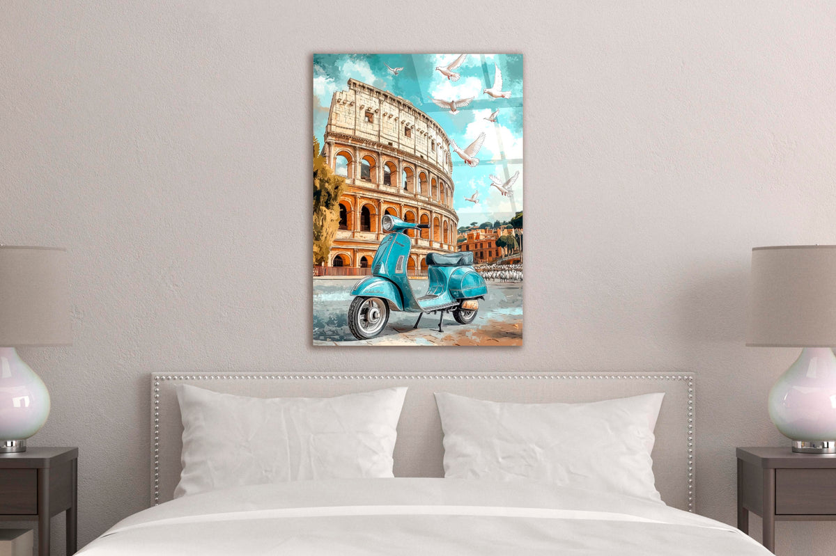 Rome Colosseum Vintage Scooter Glass Wall Art in a modern interior