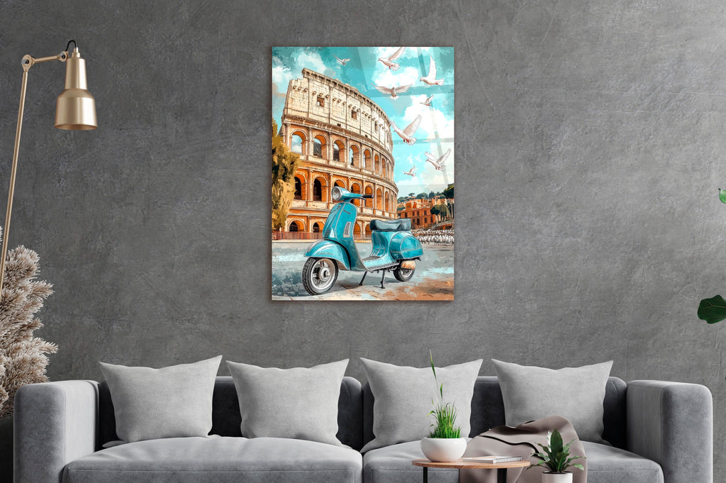 Rome Colosseum Vintage Scooter Glass Wall Art on the wall