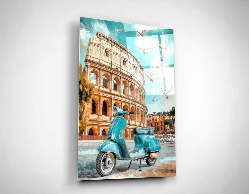 Rome Colosseum Vintage Scooter Glass Wall Art close-up
