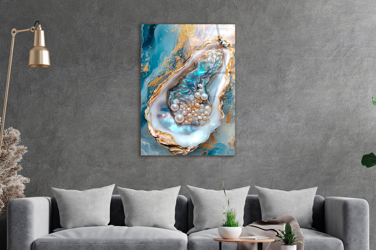 Golden Oyster Pearls Marble Glass Wall Art in a living room interior
