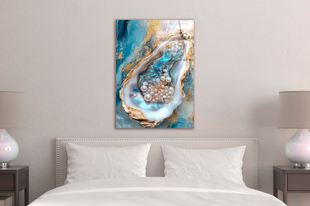 Golden Oyster Pearls Marble Glass Wall Art in a modern interior