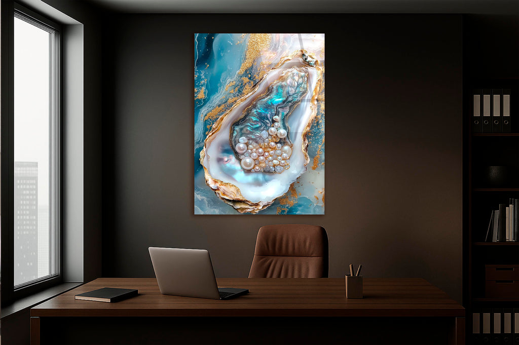 Golden Oyster Pearls Marble Glass Wall Art on the wall