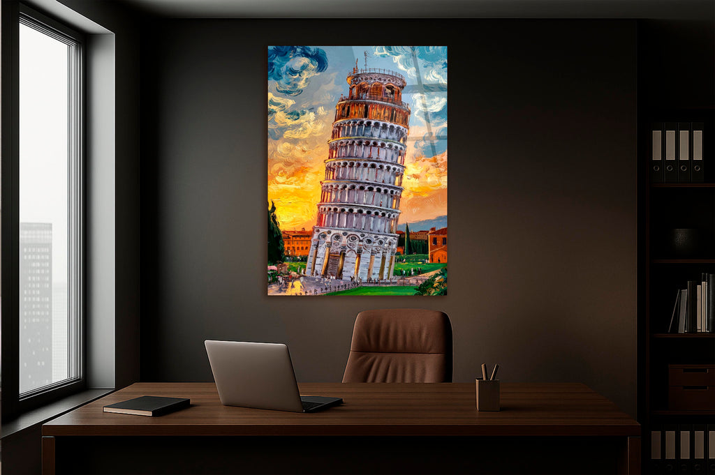 Leaning Tower of Pisa Sunset Glass Wall Art in a living room interior