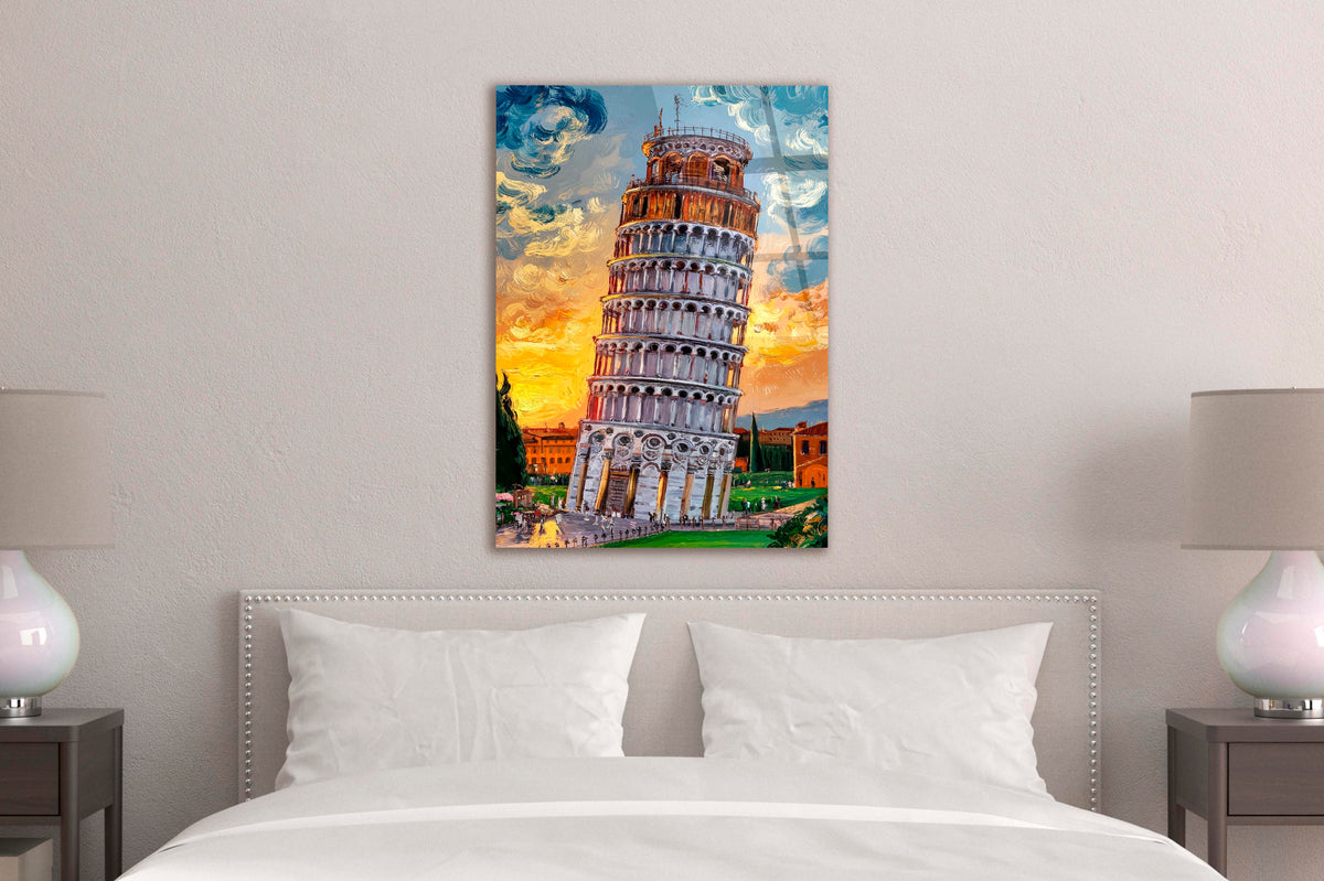 Leaning Tower of Pisa Sunset Glass Wall Art in a modern interior