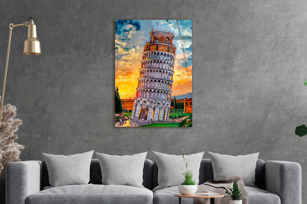 Leaning Tower of Pisa Sunset Glass Wall Art on the wall