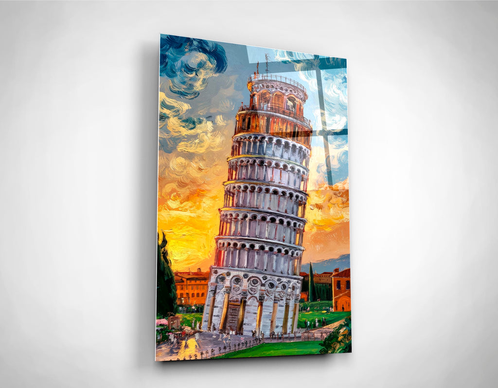 Leaning Tower of Pisa Sunset Glass Wall Art close-up
