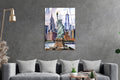 Statue of Liberty Watercolor Skyline Glass Wall Art in a living room interior