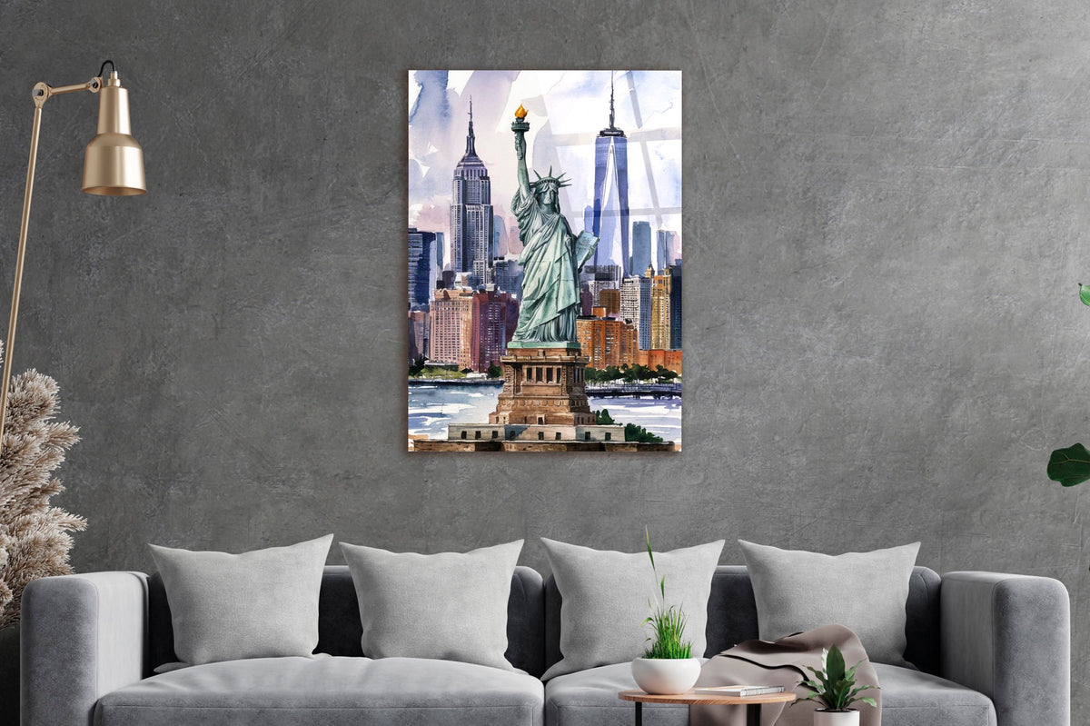 Statue of Liberty Watercolor Skyline Glass Wall Art in a living room interior
