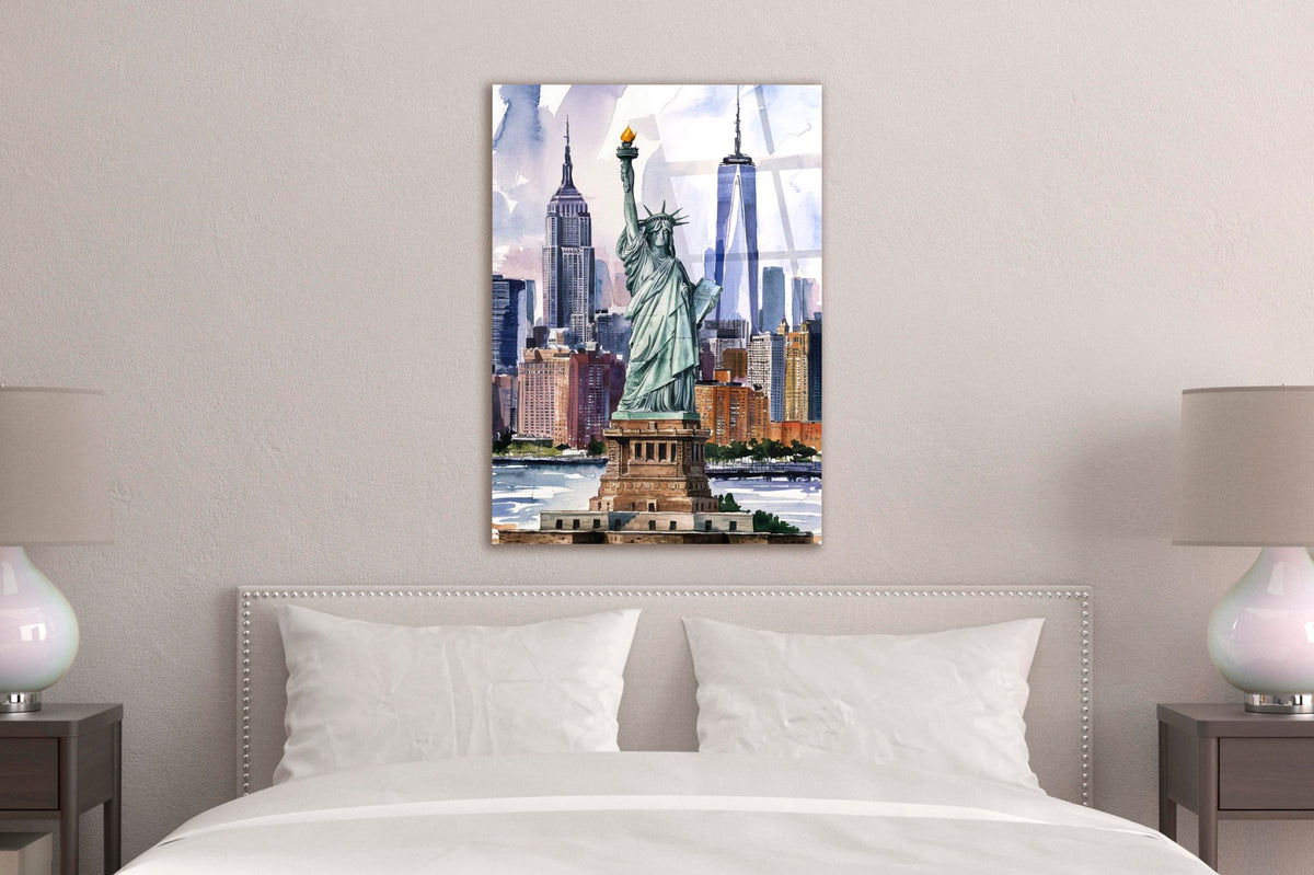 Statue of Liberty Watercolor Skyline Glass Wall Art in a modern interior