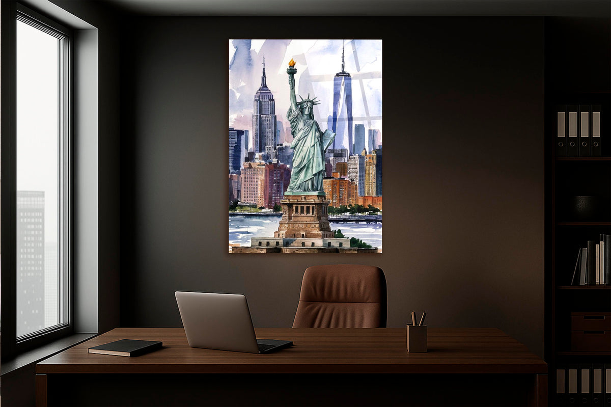 Statue of Liberty Watercolor Skyline Glass Wall Art on the wall