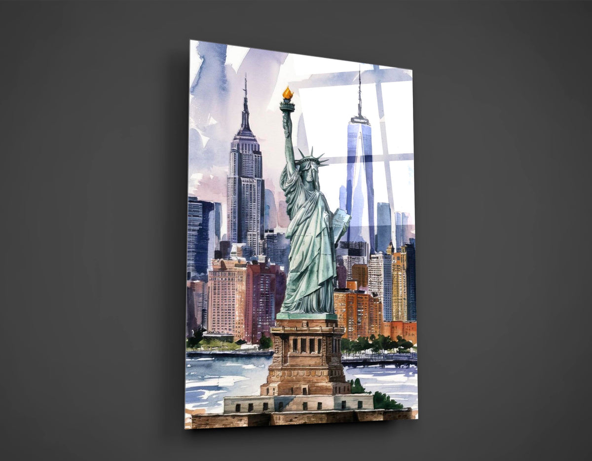 Statue of Liberty Watercolor Skyline Glass Wall Art close-up