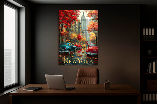 Autumn New York Vintage Cars Glass Wall Art in a living room interior