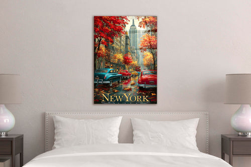Autumn New York Vintage Cars Glass Wall Art in a modern interior